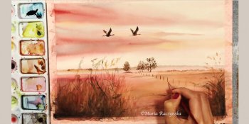 نقاشی چشم اندازی از پرواز مرغابی با آبرنگ