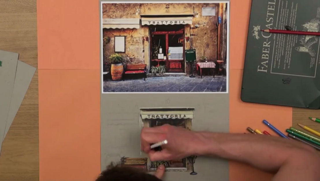 آموزش نقاشی کافه ایتالیایی با مداد رنگی