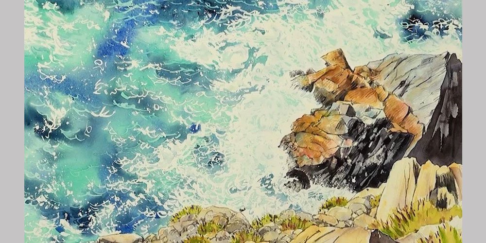 آموزش نقاشی منظره دریا و ساحل صخره ای با آبرنگ