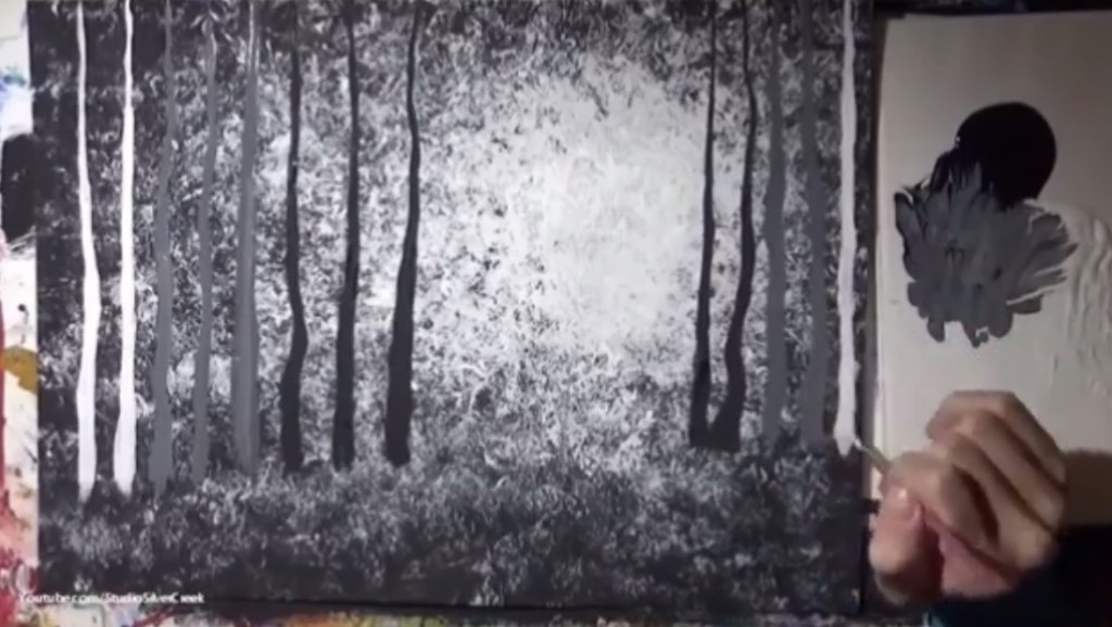 نقاشی منظره جنگل با اکریلیک