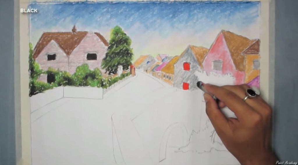 آموزش نقاشی منظره روستا با مداد شمعی