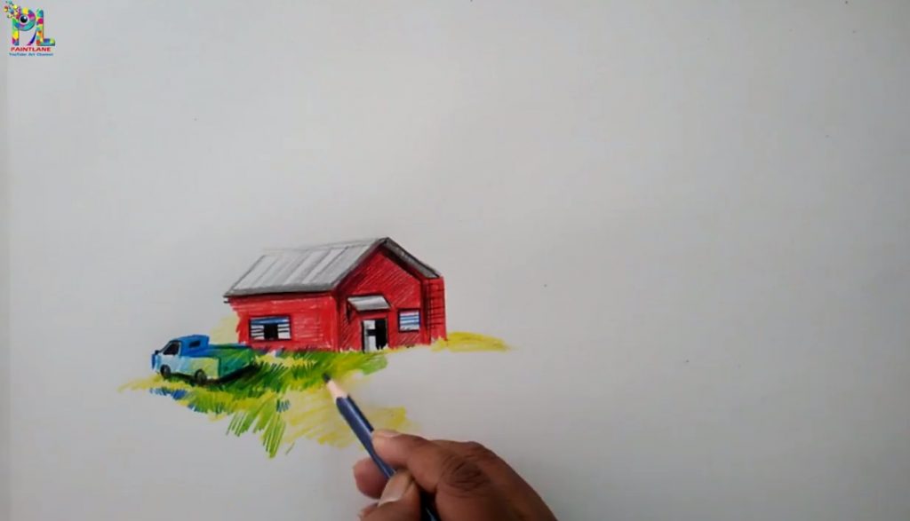 نقاشی منظره روستایی با مداد رنگی