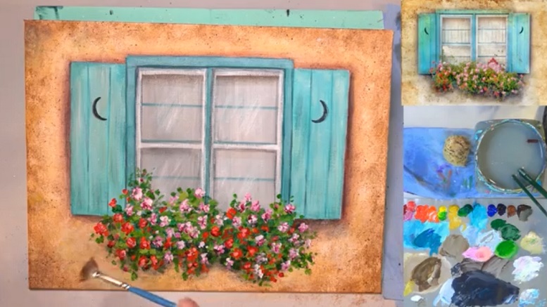 نقاشی پنجره همراه با گل با اکریلیک