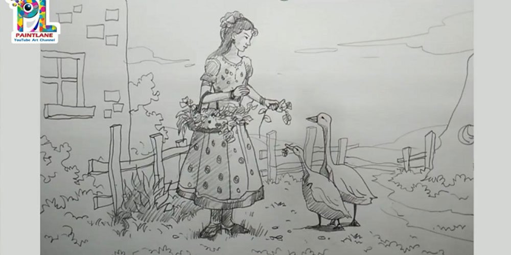 طراحی آسان و ساده یک دختر بهمراه اردک
