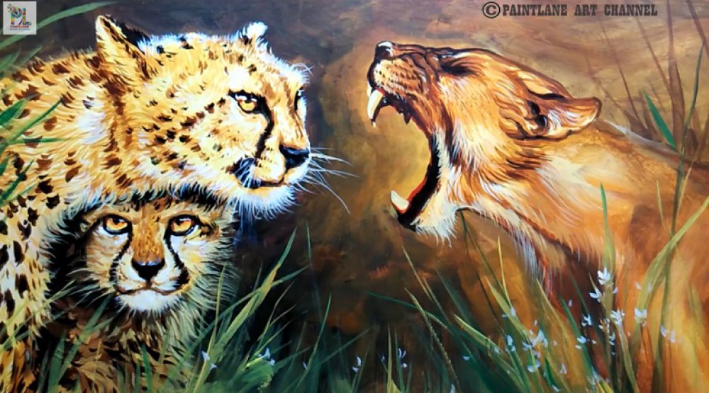 آموزش نقاشی شیر ماده و یوزپلنگ با اکریلیک