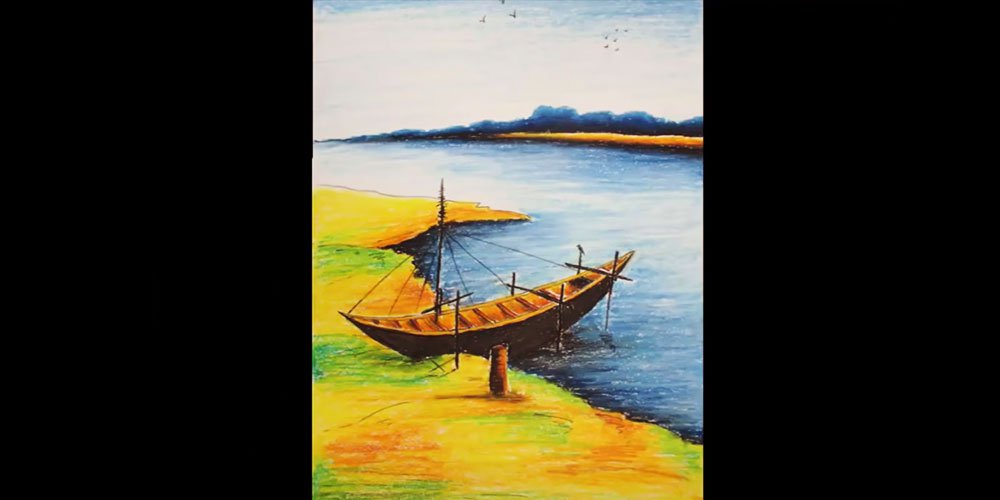 نقاشی منظره رودخانه با پاستل