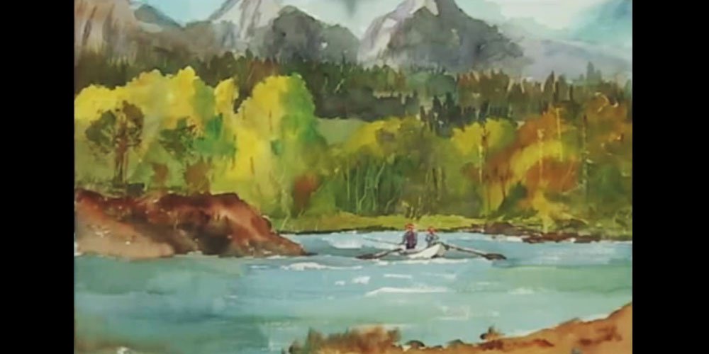 نقاشی آبرنگ ماهیگیری در رودخانه