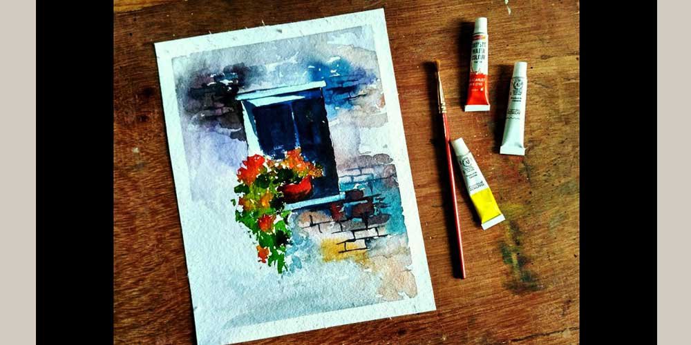 نقاشی از پنجره و گل با آبرنگ