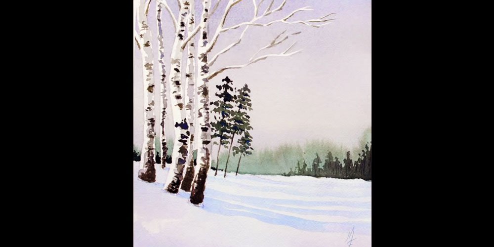 نقاشی منظره زمستان با آبرنگ