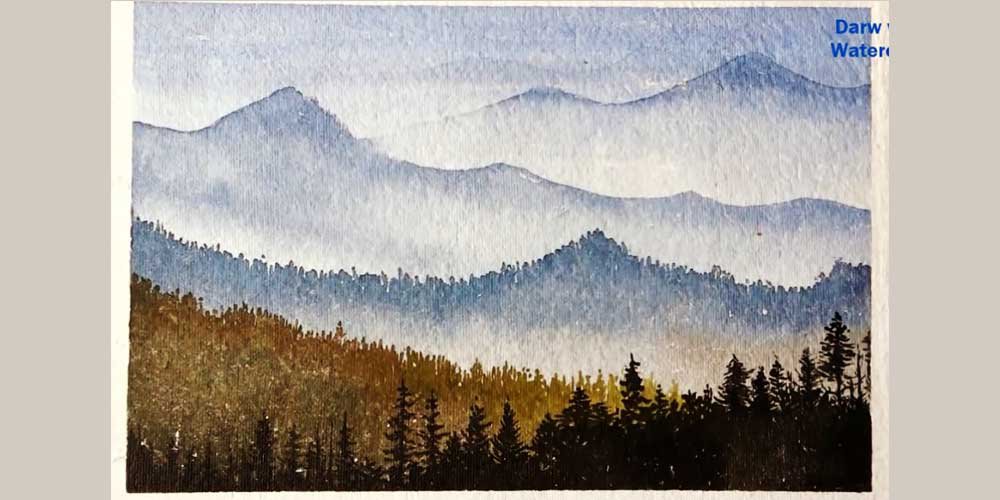 نقاشی چشم انداز کوه با آبرنگ
