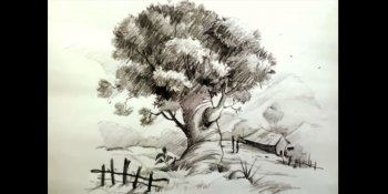 نقاشی درخت در نمای منظره