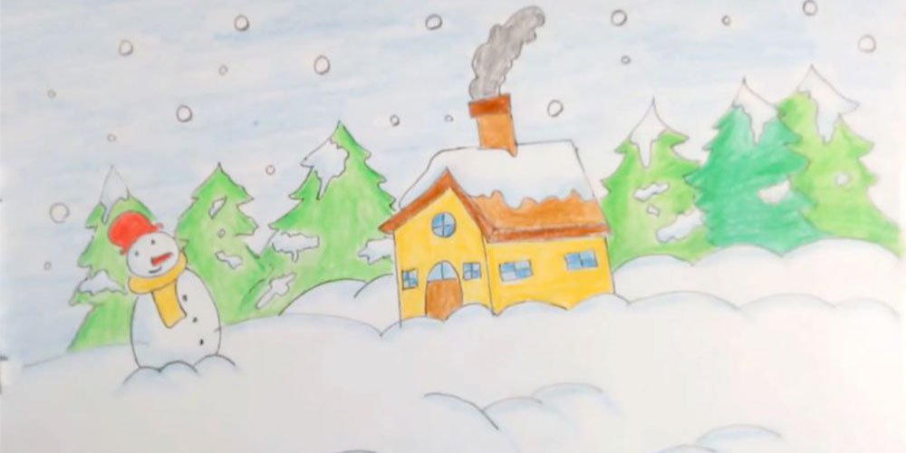 آموزش نقاشی منظره برفی به کودکان